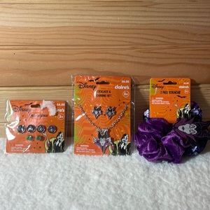 NIP Maleficent Necklace & Earring Set , Scrunchies Claires Disney 2022 Halloween